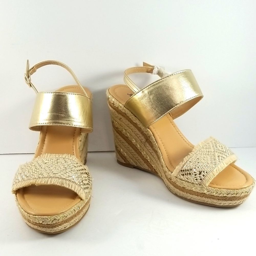 JustFab Going All In Gold Metallic Espadrille Wedge Sandals Womens 11 Platform